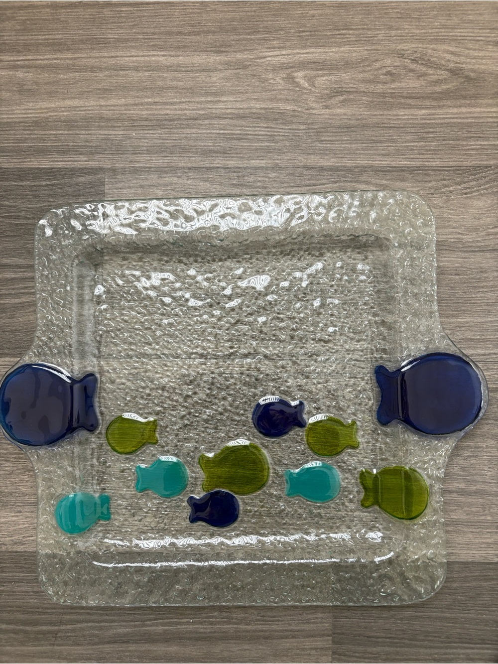 Vintage Hand Crafted Fused Art Glass Tray Platter with Fish - Preused